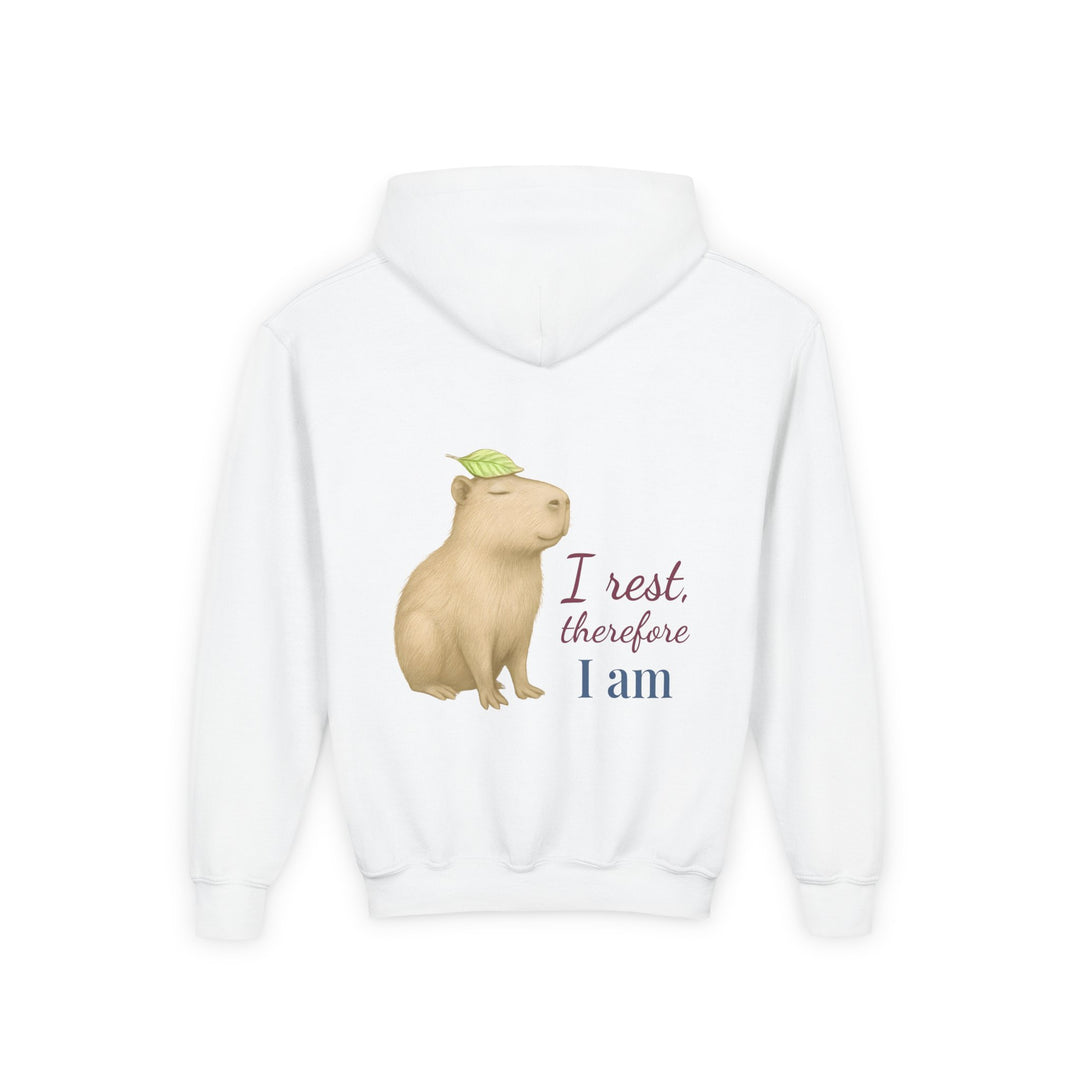 Kids Capybara "I Rest, Therefore I Am" Heavy Blend Hoodie | Back Print Design | Grounded & Gentle | Inspirational Message