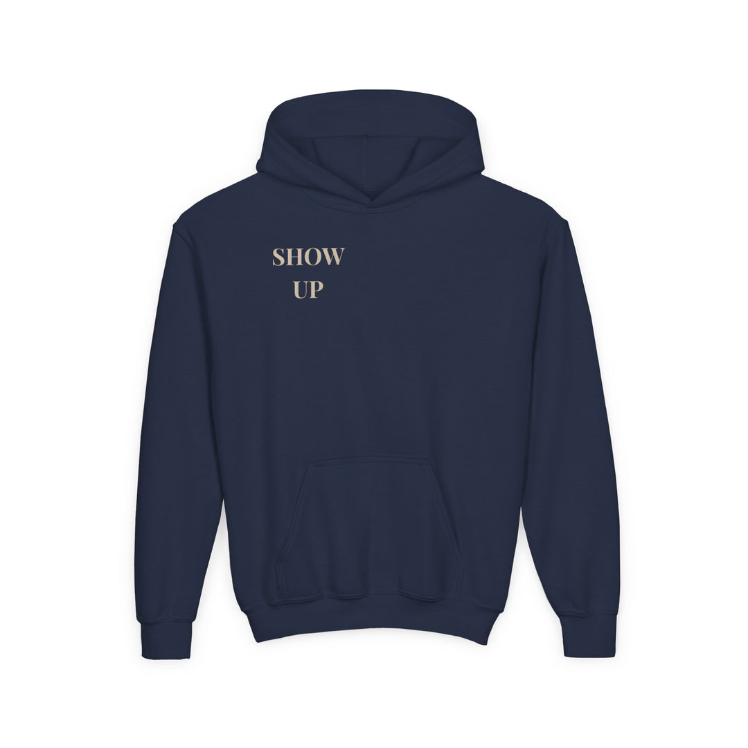 Kids Lion "Show Up" Heavy Blend Hoodie | Front Text & Back Animal Print | Empowered & Bold | Inspirational Message