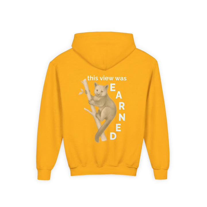 Kids Tree Kangaroo "This View Was Earned" Heavy Blend Hoodie | Back Print Design | Joyful & Playful | Inspirational Message