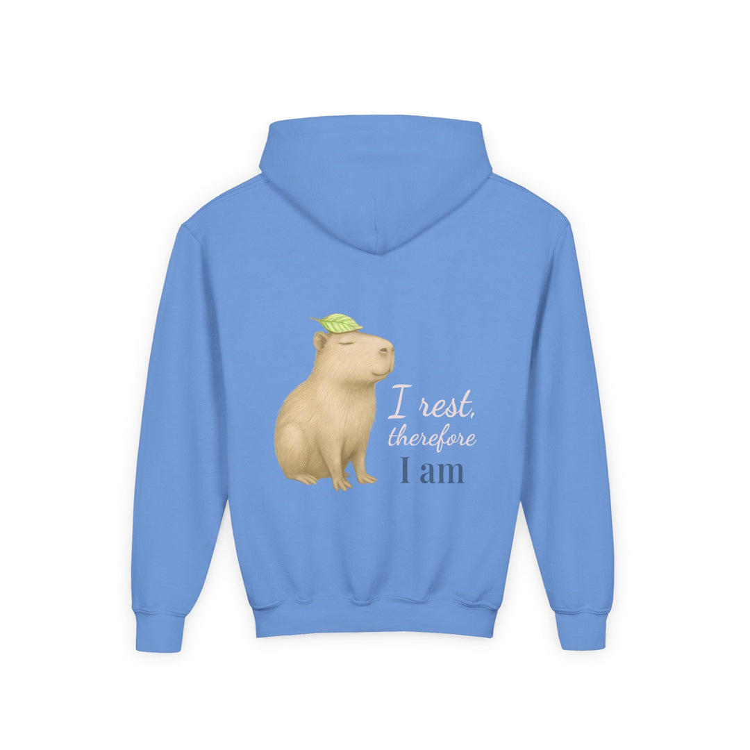 Kids Capybara "I Rest, Therefore I Am" Heavy Blend Hoodie | Back Print Design | Grounded & Gentle | Inspirational Message