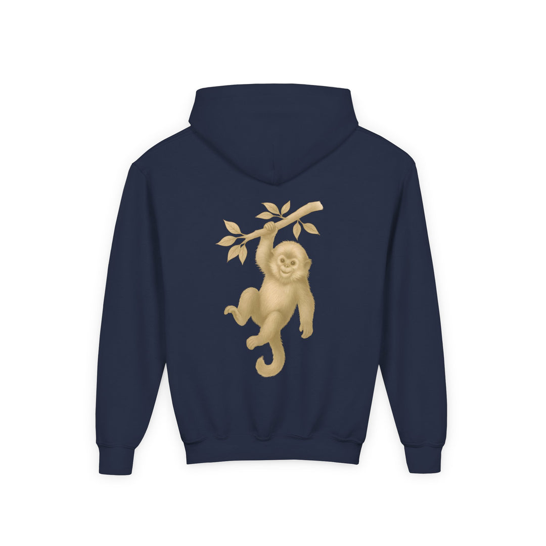 Kids Golden Snub-Nosed Monkey "Lighten Up. Do Nothing. On Purpose." Heavy Blend Hoodie | Back Print Design | Joyful & Playful | Inspirational Message
