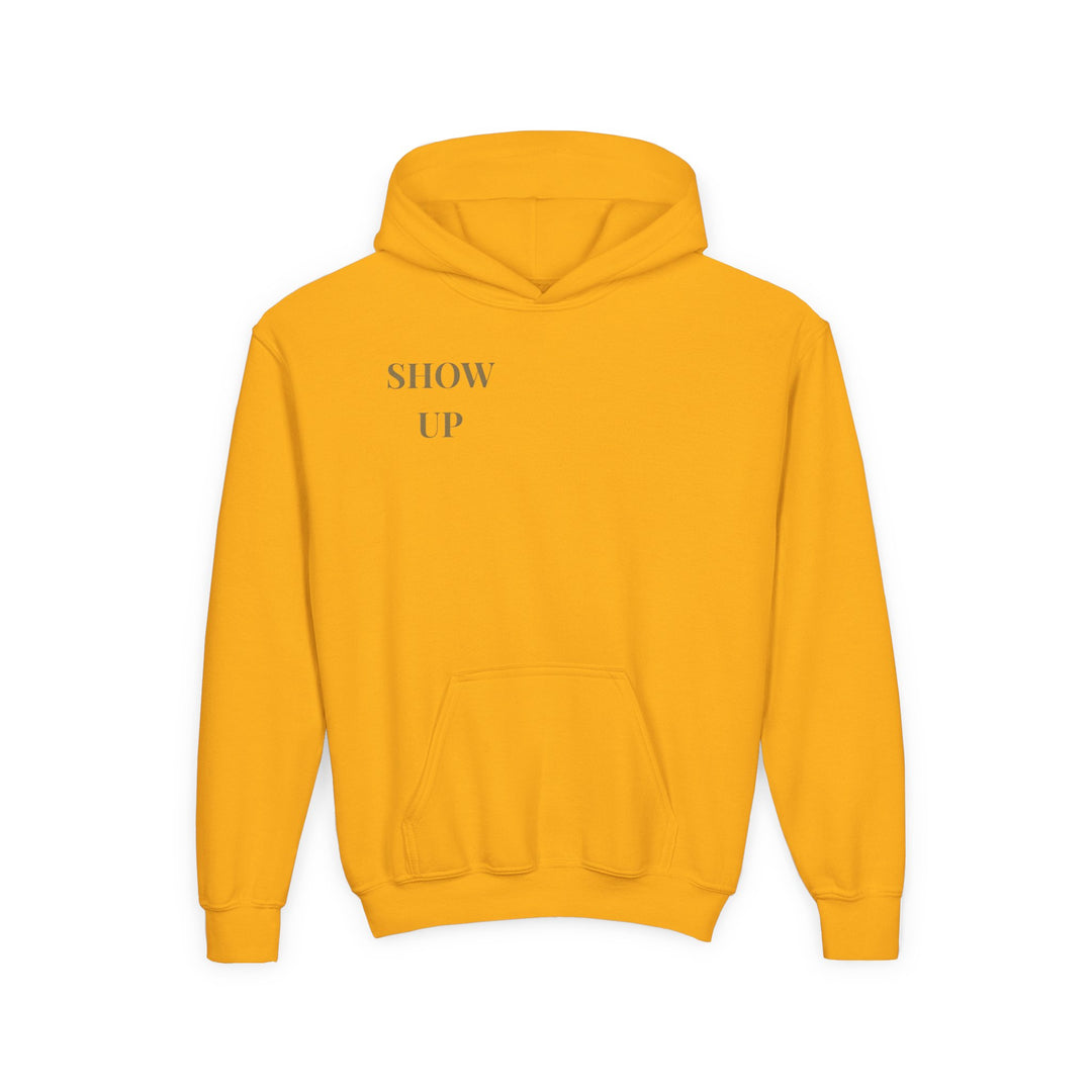 Kids Lion "Show Up" Heavy Blend Hoodie | Front Text & Back Animal Print | Empowered & Bold | Inspirational Message