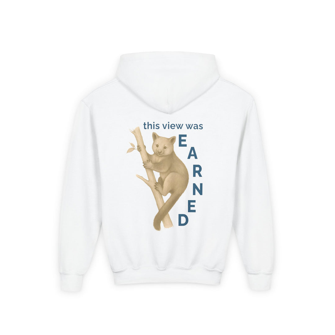 Kids Tree Kangaroo "This View Was Earned" Heavy Blend Hoodie | Back Print Design | Joyful & Playful | Inspirational Message