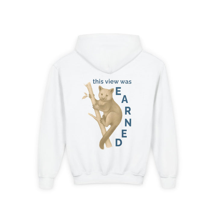 Kids Tree Kangaroo "This View Was Earned" Heavy Blend Hoodie | Back Print Design | Joyful & Playful | Inspirational Message