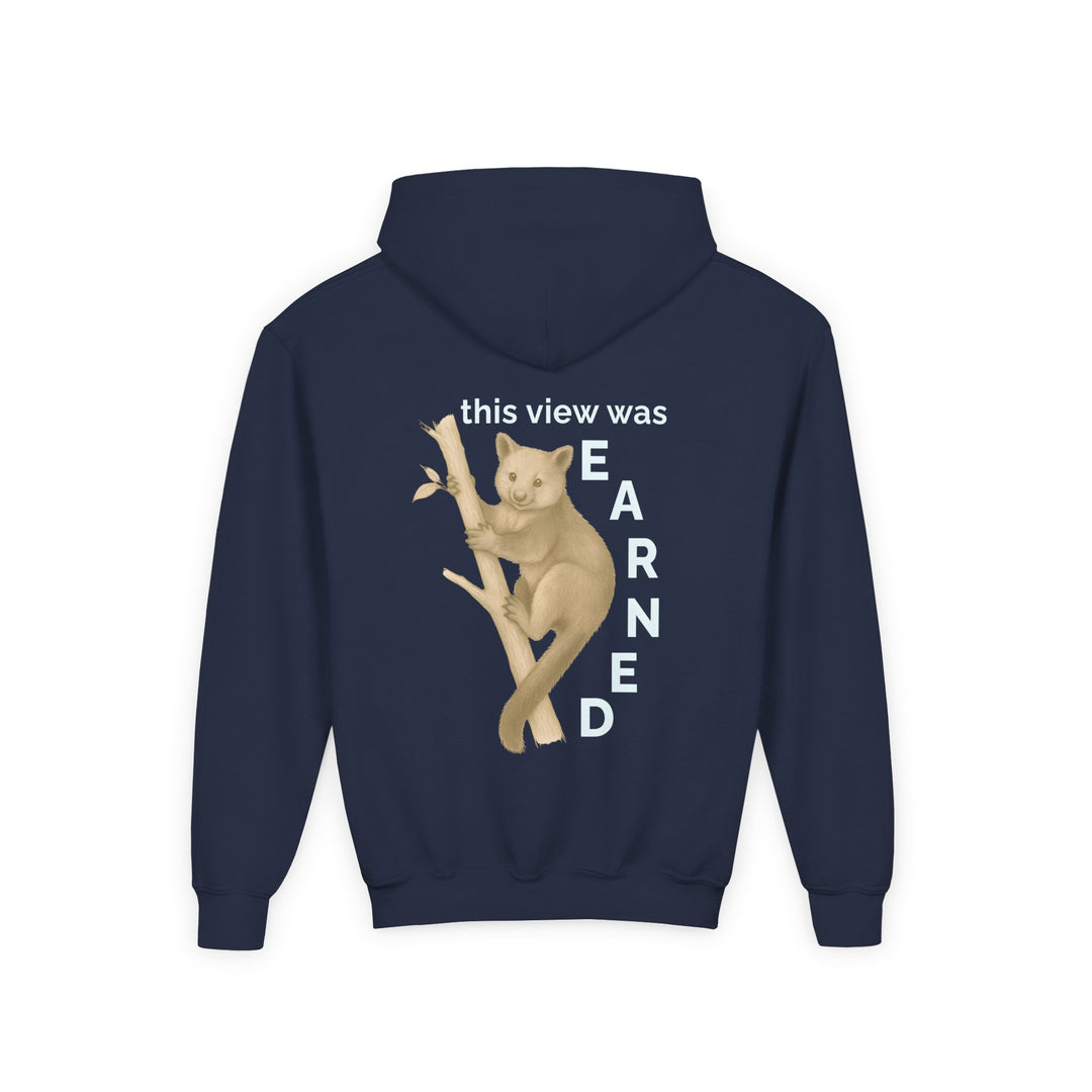 Kids Tree Kangaroo "This View Was Earned" Heavy Blend Hoodie | Back Print Design | Joyful & Playful | Inspirational Message