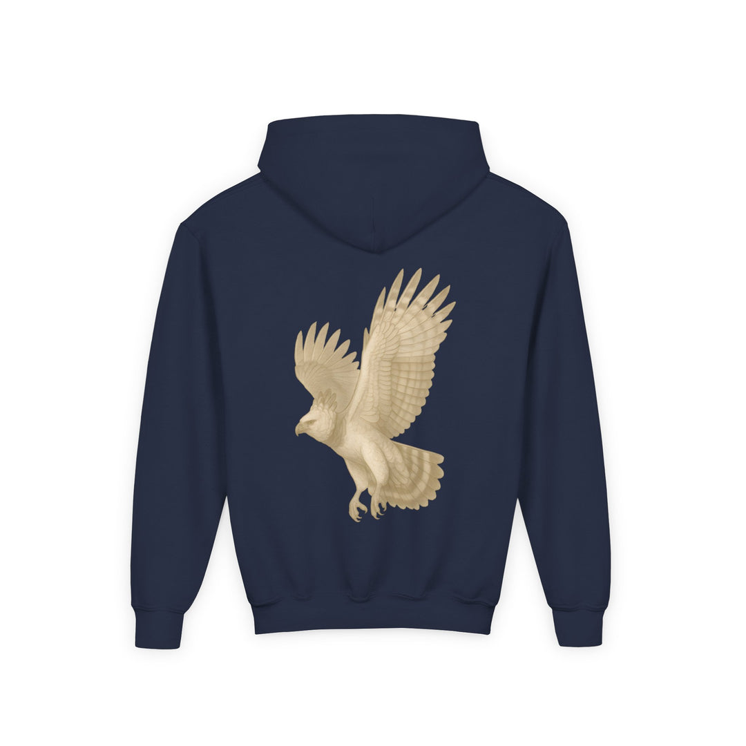 Kids Harpy Eagle "Ascend with Respect" Heavy Blend Hoodie | Front Text & Back Animal Print | Empowered & Bold | Inspirational Message