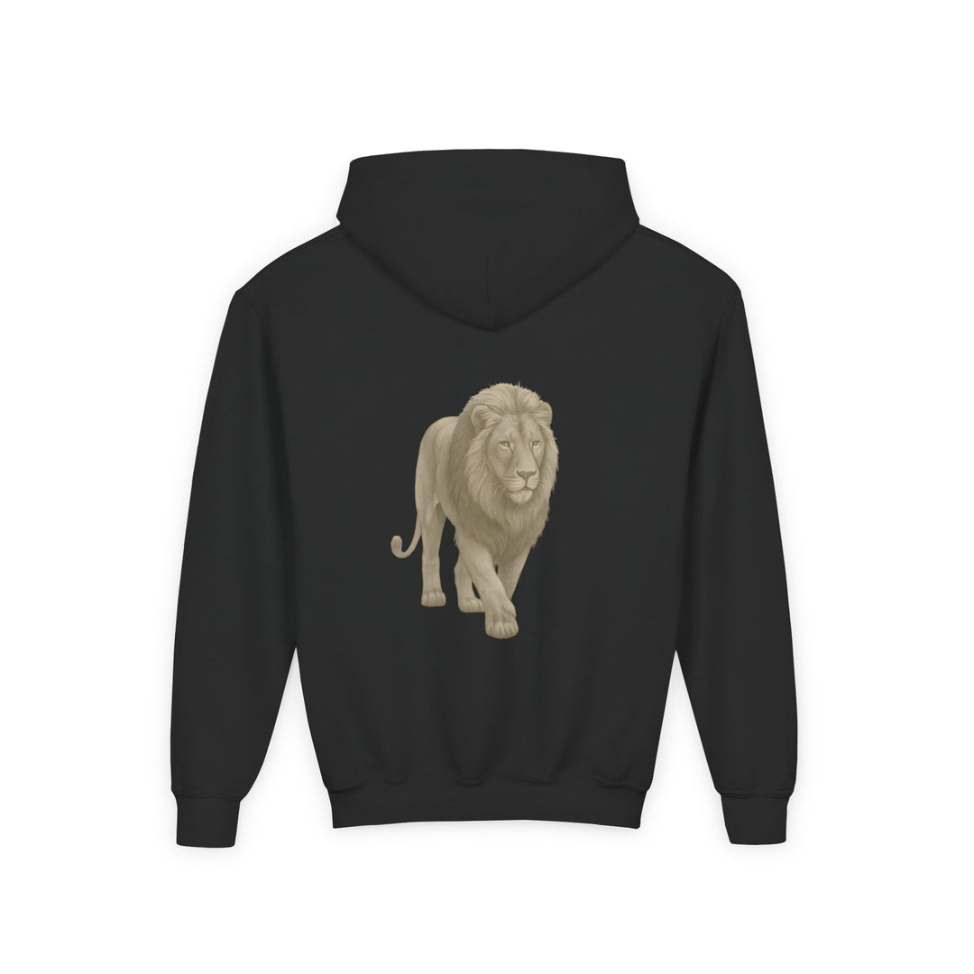 Kids Lion "Show Up" Heavy Blend Hoodie | Front Text & Back Animal Print | Empowered & Bold | Inspirational Message
